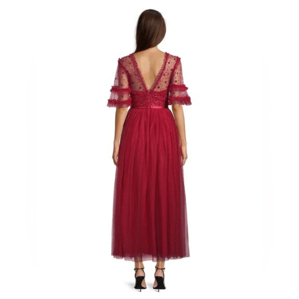 ❌❌SOLD❌❌NWT NEEDLE & THREAD Maybelle Embellished Tulle Fit-&-Flare Dress red 4 - Picture 4 of 13